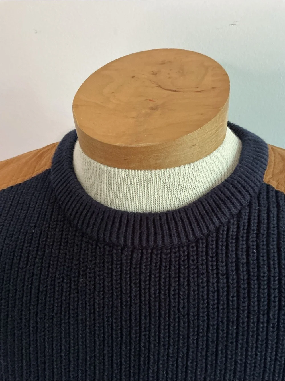 J. Crew Woodsman Navy Crewneck Sweater with Tan Shoulder Patches